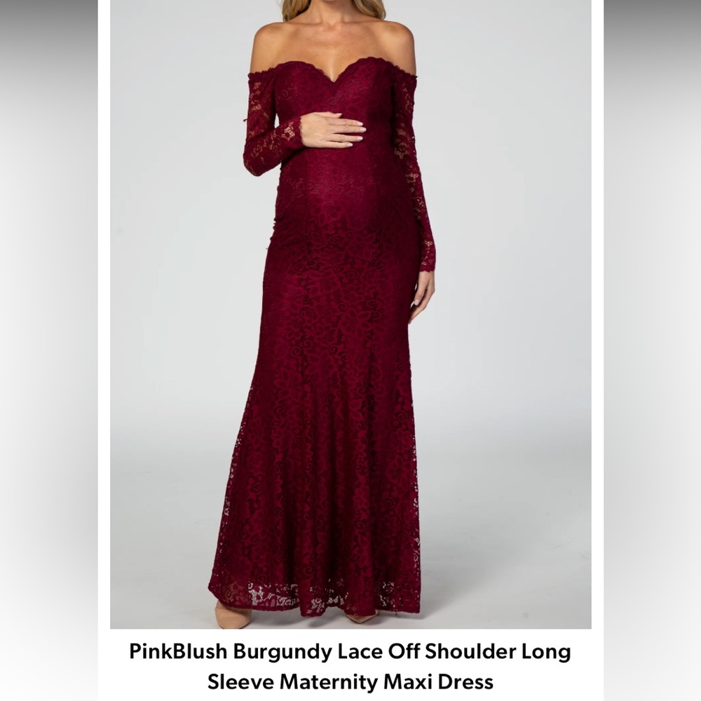 PinkBlush Burgundy Lace Off Shoulder Long Sleeve Maternity Maxi Dress, Large
